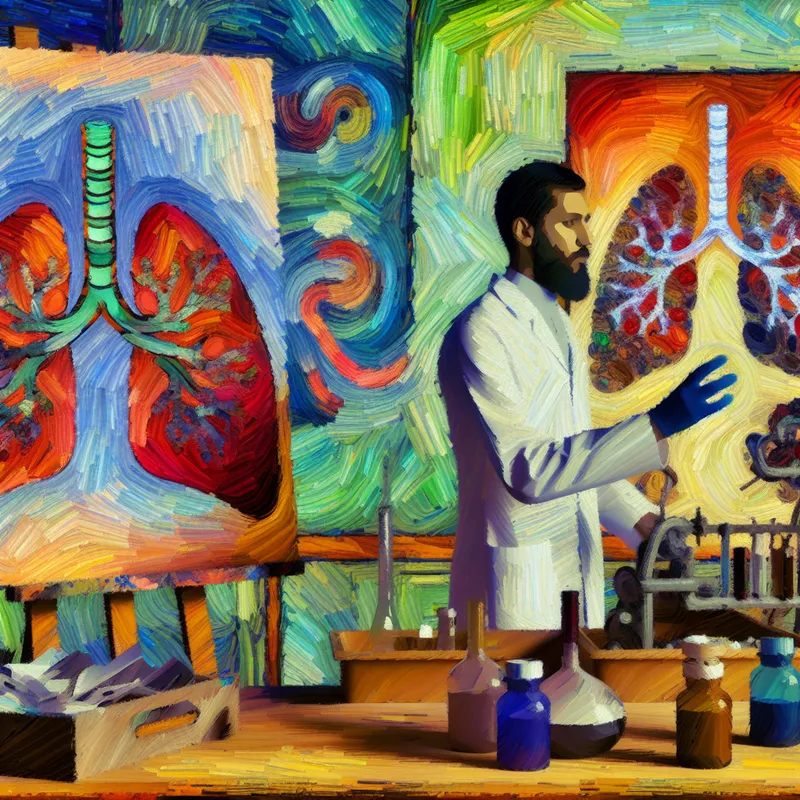 Medisch onderzoeker in een laboratorium die een diagram bestudeert over de relatie tussen roken en longkanker, omringd door kleurrijke penseelstreken.