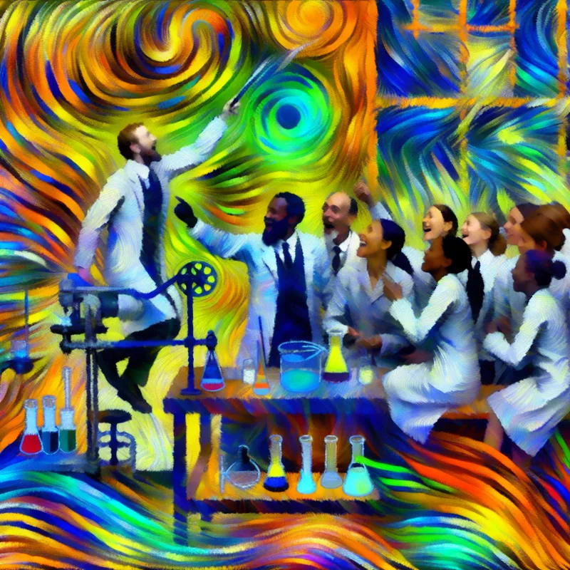 Groep onderzoekers in laboratorium met kleurrijke chart van projectontwikkeling