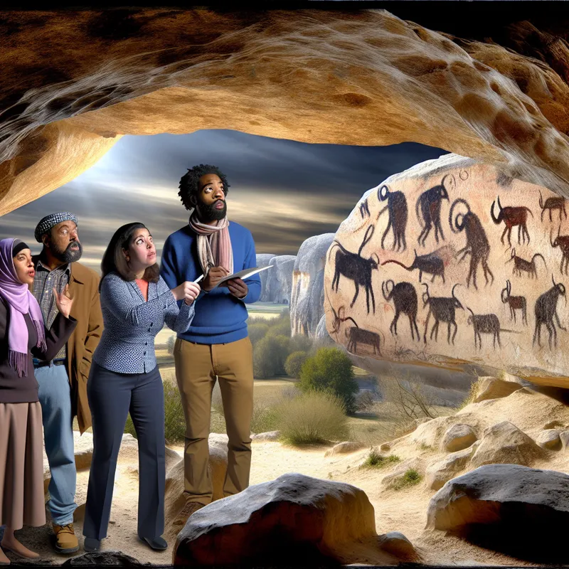 Een groep onderzoekers bestudeert oude rotsteken in een grot, met nieuwsgierige gezichten en indrukwekkende schaduwen op de muren.