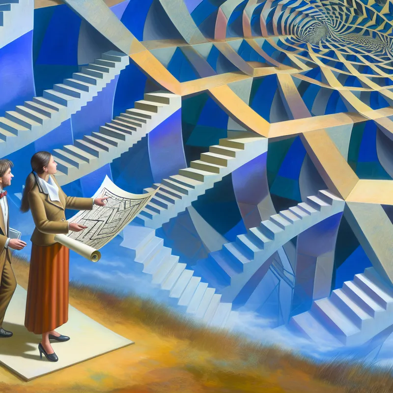 Twee onderzoekers op een mysterieuze, geometrische trap, terwijl een van hen een blueprint vasthoudt en een nieuw voorstel suggereert