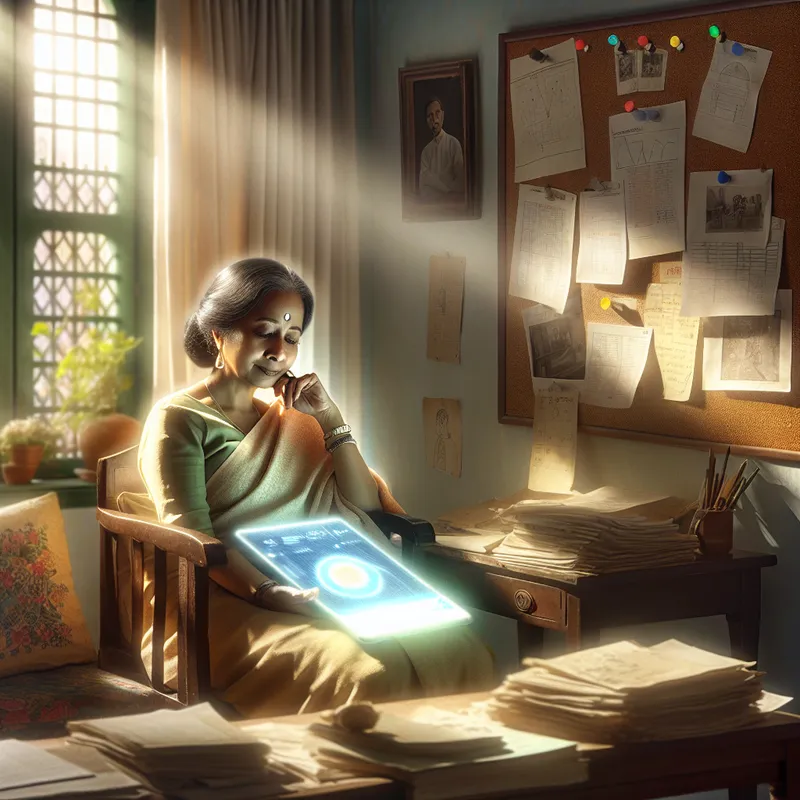 Onderzoekster in een zonovergoten kamer met documenten en een computer.