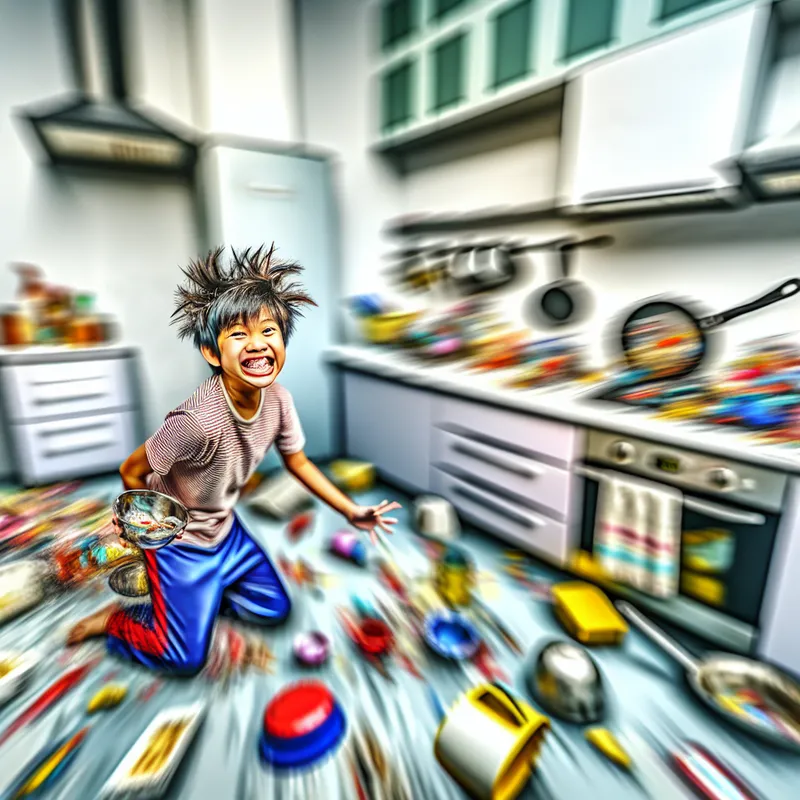 Hyperenergetisch ondeugend kind speelt chaotisch in de keuken met potten, pannen en eten verspreid, levendige expressie