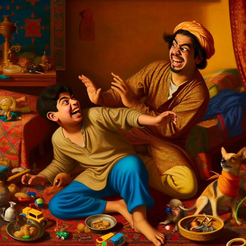 Speelse scène van een ondeugende jongen die zijn oudere broer of zus licht irriteert in een gezellig huishouden, geschilderd in de chaotische stijl van Jan Steen