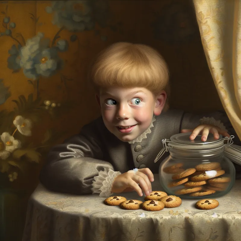 Een ondeugend kind dat stiekem koekjes uit een koekjespot steelt, met brede ogen en een tafelkleed erachter.