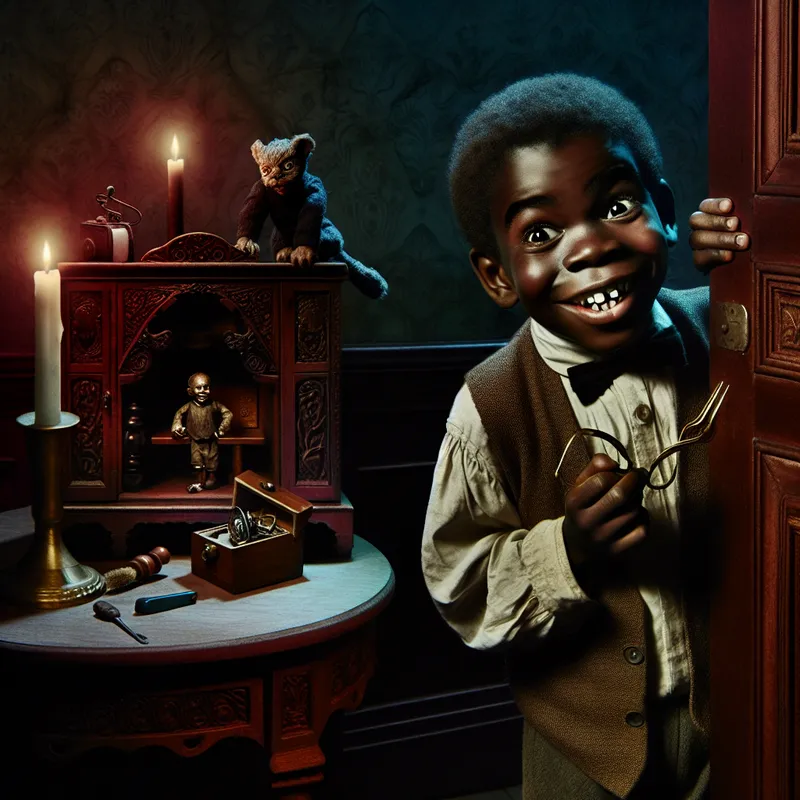 Kleine ondeugende jongen verstopt zich achter een houten kast met gestolen spulletjes in een donkere, gotische kamer