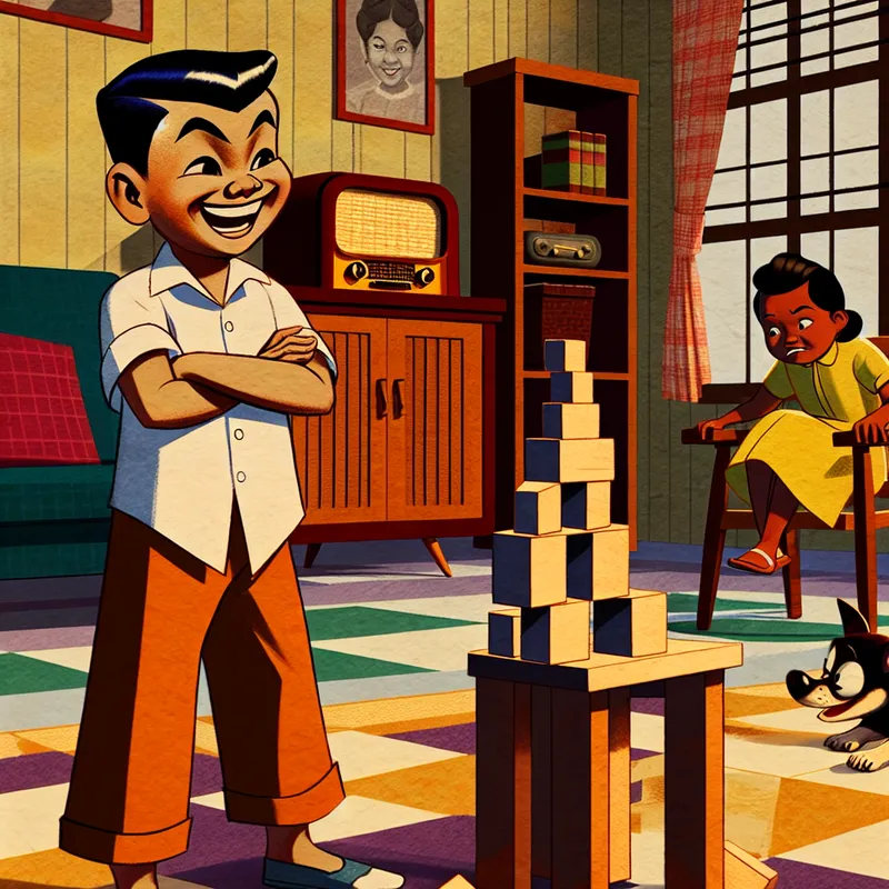 Speelse illustratie van een ondeugende jongen die een toren van houten blokken omgooit in een nostalgische woonkamer, met een geïrriteerde maar liefdevolle oudere broer of zus op de achtergrond