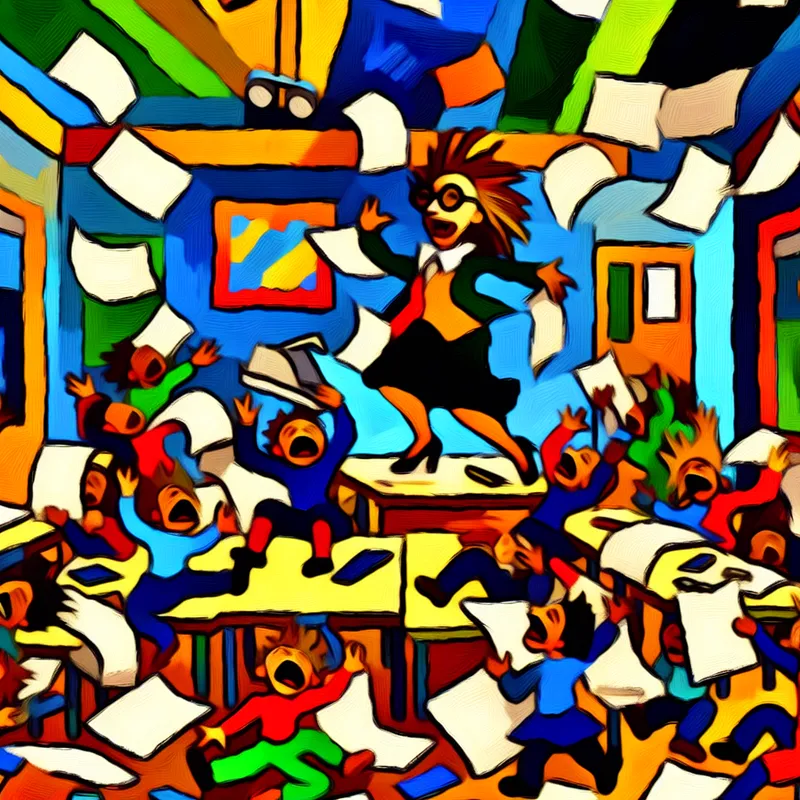 Abstracte voorstelling van een chaotische maar speelse klas met ondeugende kinderen en een gefrustreerde leraar, in de expressieve stijl van Karel Appel