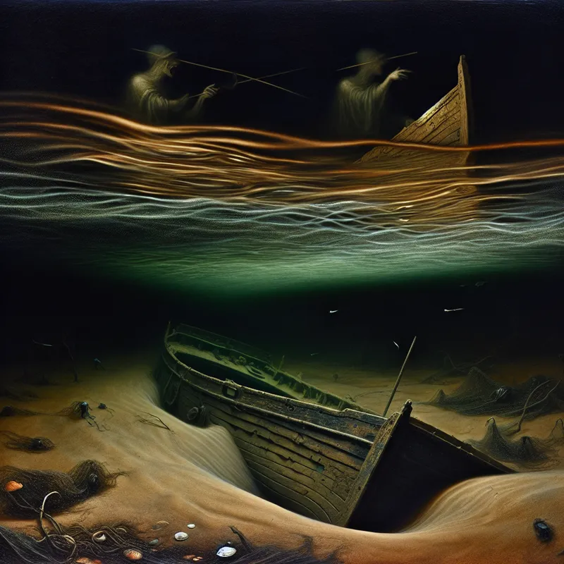 Donkere onderwaterzandbank met verlaten scheepswrak in gotische stijl, symboliserend gevaar van ondieptes in rivieren