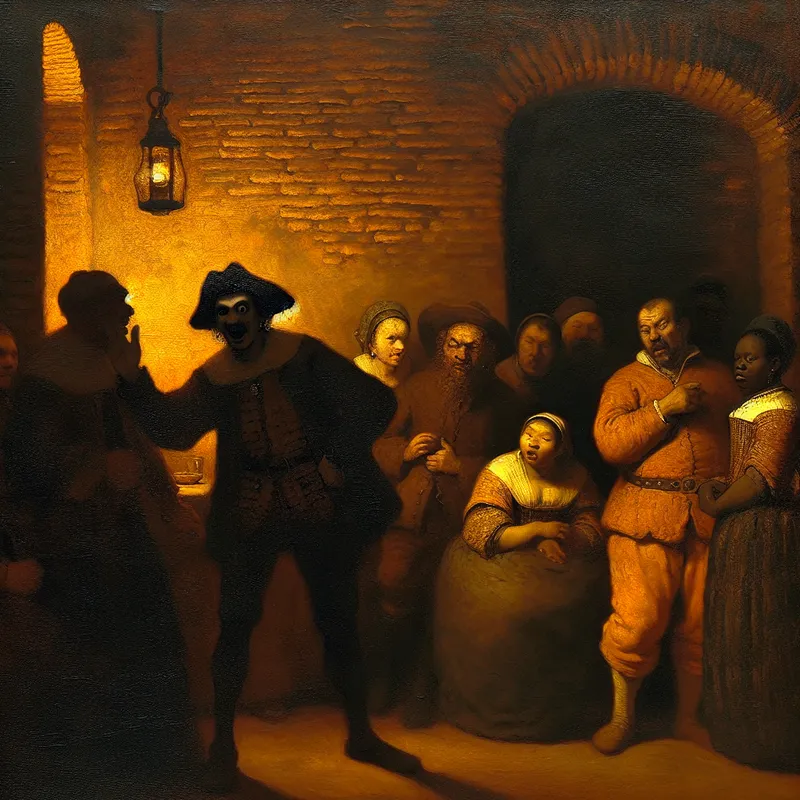 Dramatische Rembrandt-achtige scène van een groep volwassenen in een donkere herberg, waarbij een man een vulgaire grap fluistert en anderen geschokt of geamuseerd reageren, illustrerend het begrip 'onfatsoenlijk'