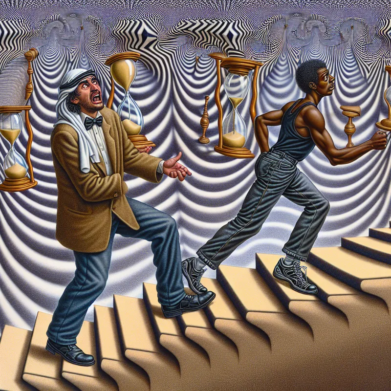 Surrealistische tekening in de stijl van M.C. Escher met twee figuren op een oneindige trap, waarbij de ene persoon ongeduldig naar een smeltende klok wijst en de ander traag beweegt, symboliserend ongeduld en tijdsdruk