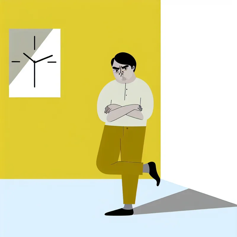 Minimalistische illustratie van een ongeduldig persoon met armen over elkaar en voet tikkend, in de stijl van Dick Bruna