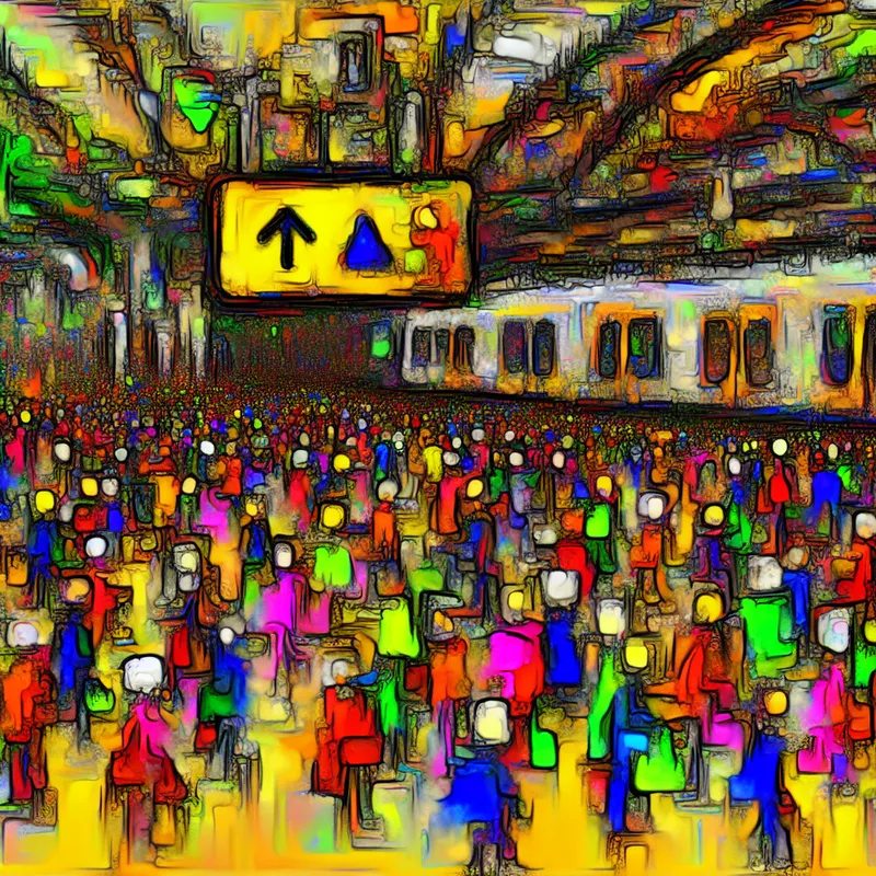 Druk treinstation tijdens spitsuur met chaotische, abstracte figuren en felle kleuren in stijl van Karel Appel, die een gevoel van 'ongelooflijk druk' uitbeeldt