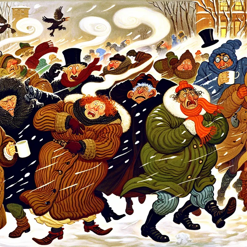 Levendige winterse straatscene met mensen die bibberen van de kou, in warme kleding en met overdreven gezichtsuitdrukkingen van ongemak, in de stijl van Jan Steen