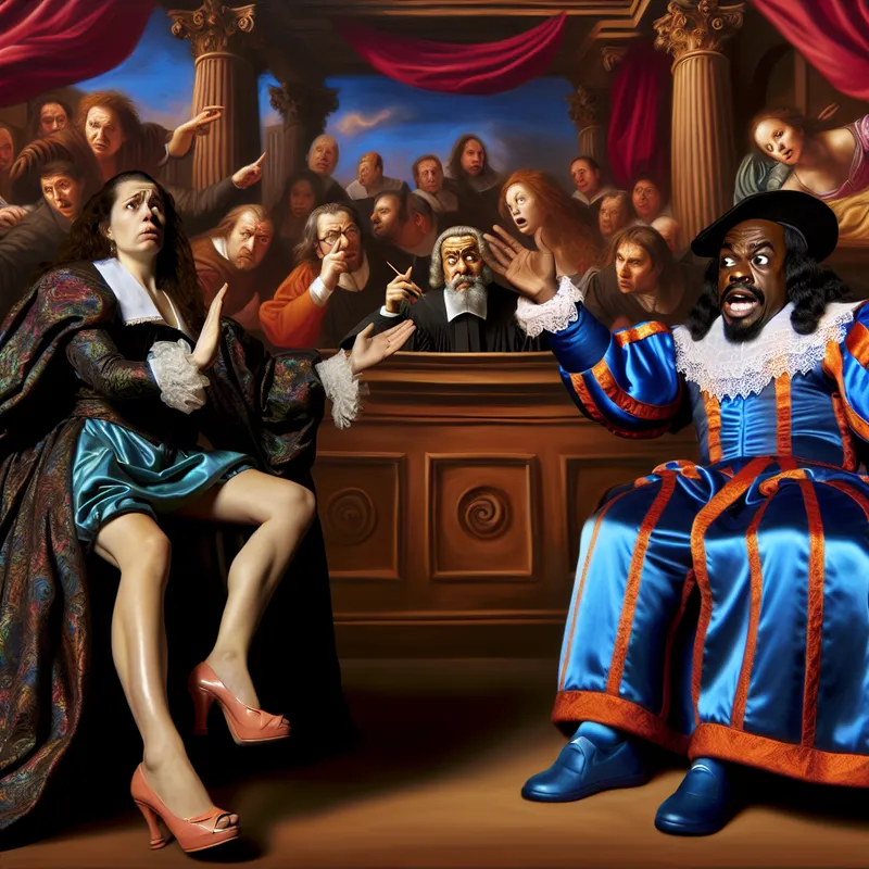 Barokke rechtszaal met een ongeloofwaardige getuige en een sceptische rechter, dynamische figuren en theatrale belichting