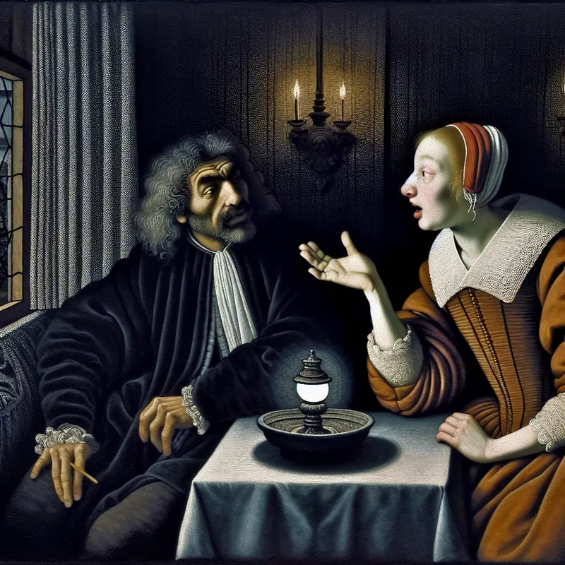 Twee 17e-eeuwse personen in een luxueus interieur, waarbij de een met ongeloof reageert op een ongeloofwaardig verhaal van de ander