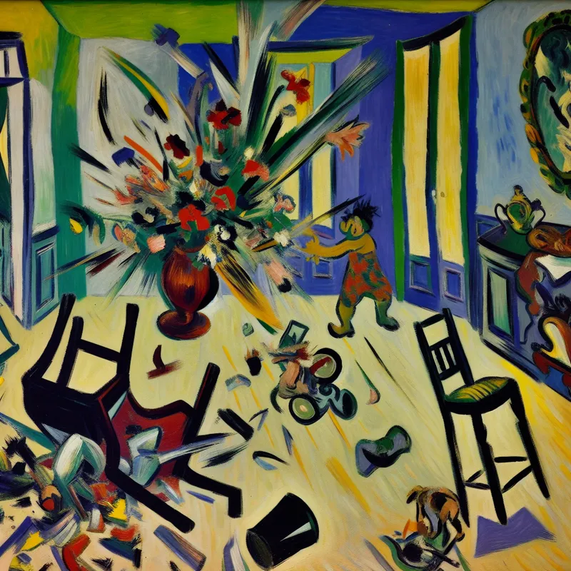 Abstracte uitdrukking van een huiselijk ongeluk met een gebroken vaas, een omgevallen stoel en een kind dat verstrikt is in speelgoed.