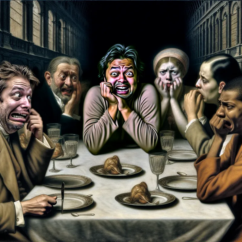 Een surrealistische scène van een ongemakkelijke diner setting met een man die een flauwe grap vertelt en gasten in stilte zitten met verstoorde gezichten.