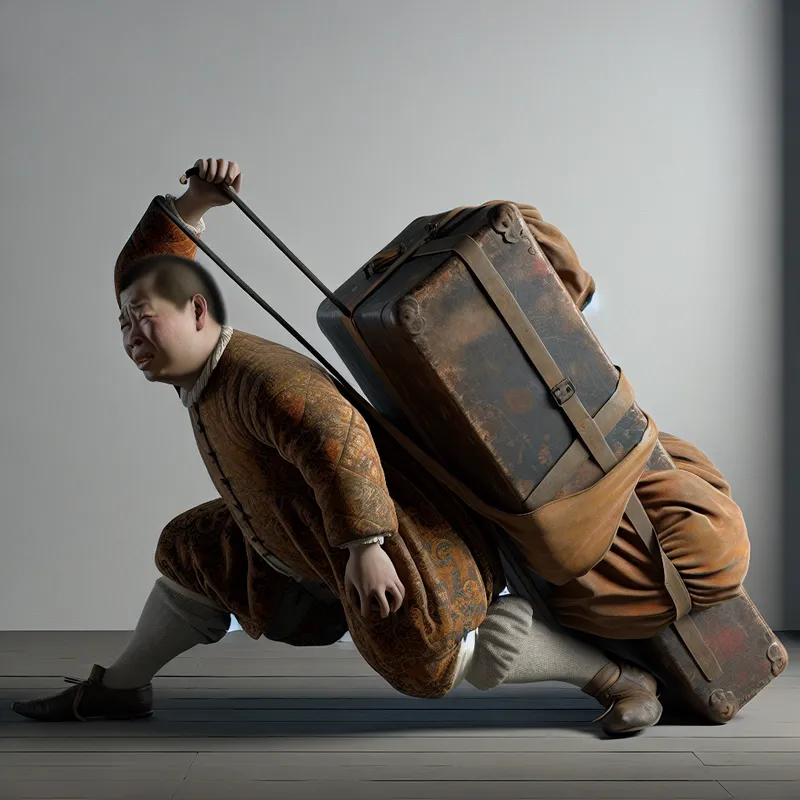 Persoon die moeizaam een grote, zware leren koffer draagt met zichtbare inspanning en ongemak
