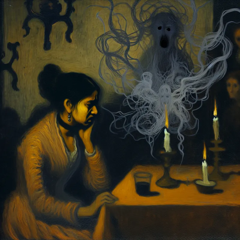 Een schaduwachtige figuur zit aan een tafel met een zichtbaar distressed gezicht, tegenover een spookachtige, verwarde massa die een ongemakkelijk onderwerp symboliseert.