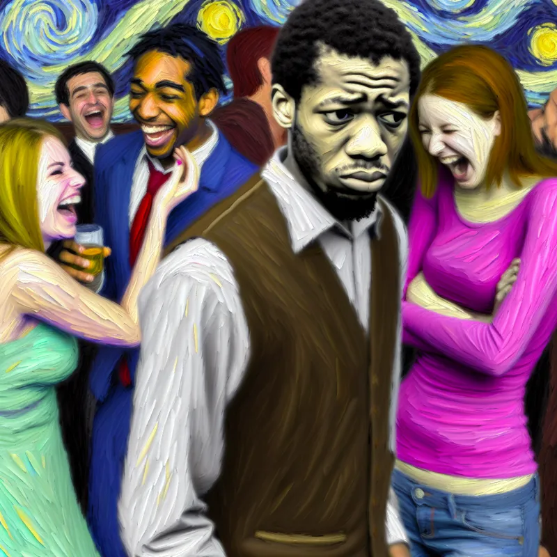 Een ongemakkelijke man staat aan de rand van een druk feest, zichtbaar ongemakkelijk naast zijn lachende ex-vriendin.