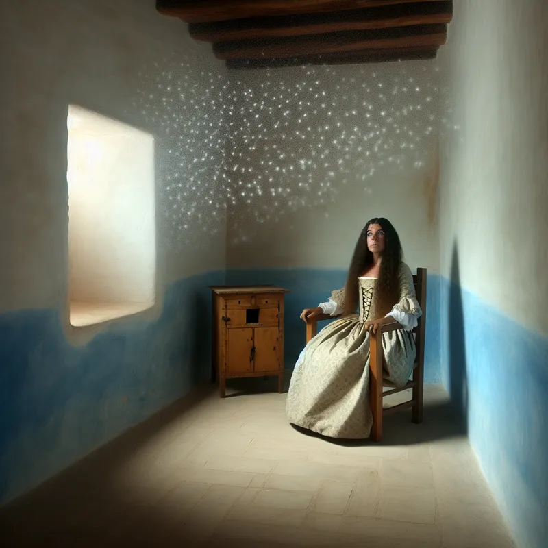 Een jonge vrouw in een historische outfit zit ongemakkelijk op een houten stoel in een kleine, claustrofobische kamer, verlicht door zacht licht.