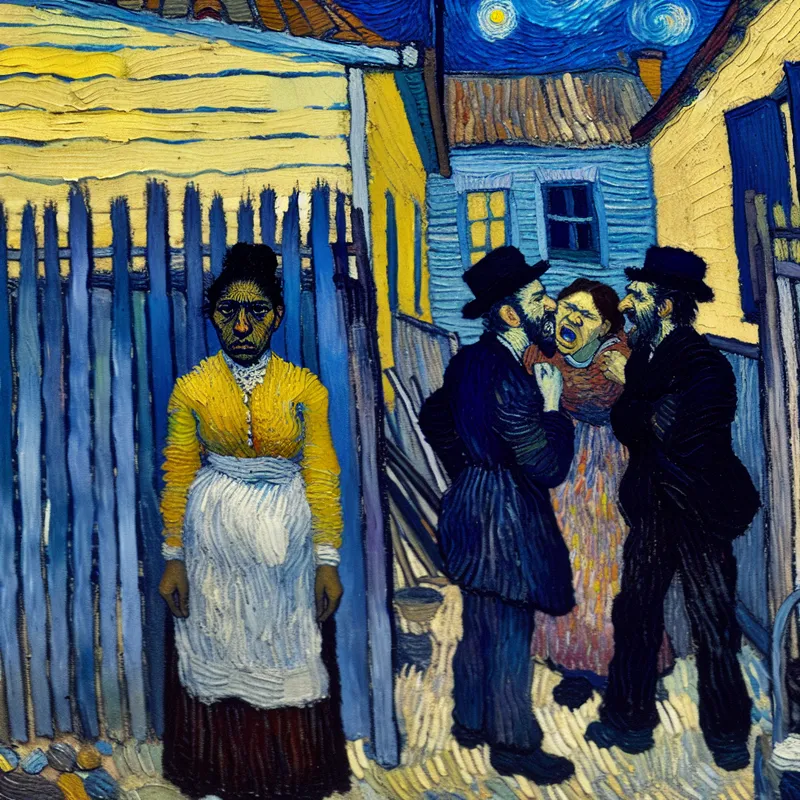 Vrouw in nauwe steeg tussen twee ruziënde buren, onaangename sfeer in Van Gogh-stijl