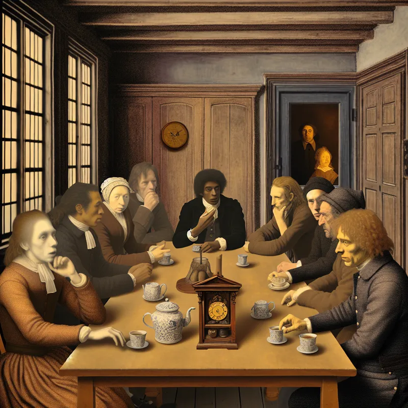 Illustratie van een nostalgische, ouderwetse vergaderruimte met een groep mensen rond een tafel tijdens een ongemakkelijke stilte in een gesprek