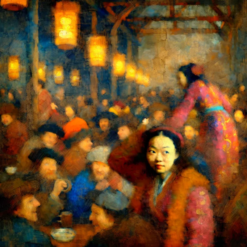 Vrouw staat ongemakkelijk tussen een kleurrijke menigte op een feest, met blije gasten die converseren, lachen en dansen.