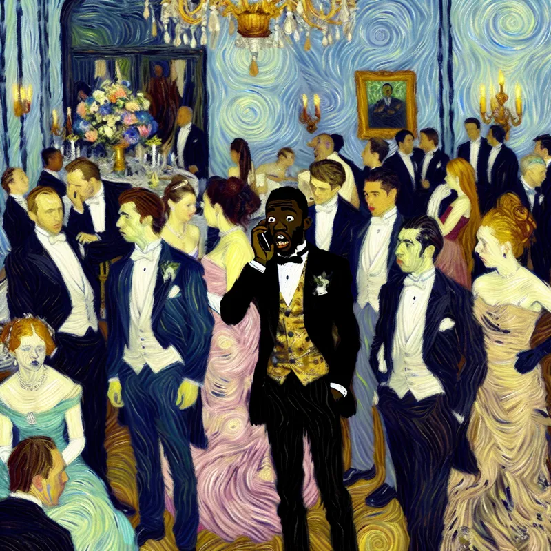 Een chaotische scène op een gala, met een persoon op de telefoon in een ongepaste outfit en een geschokte uitdrukking, omgeven door elegant geklede gasten die afkeurend kijken.