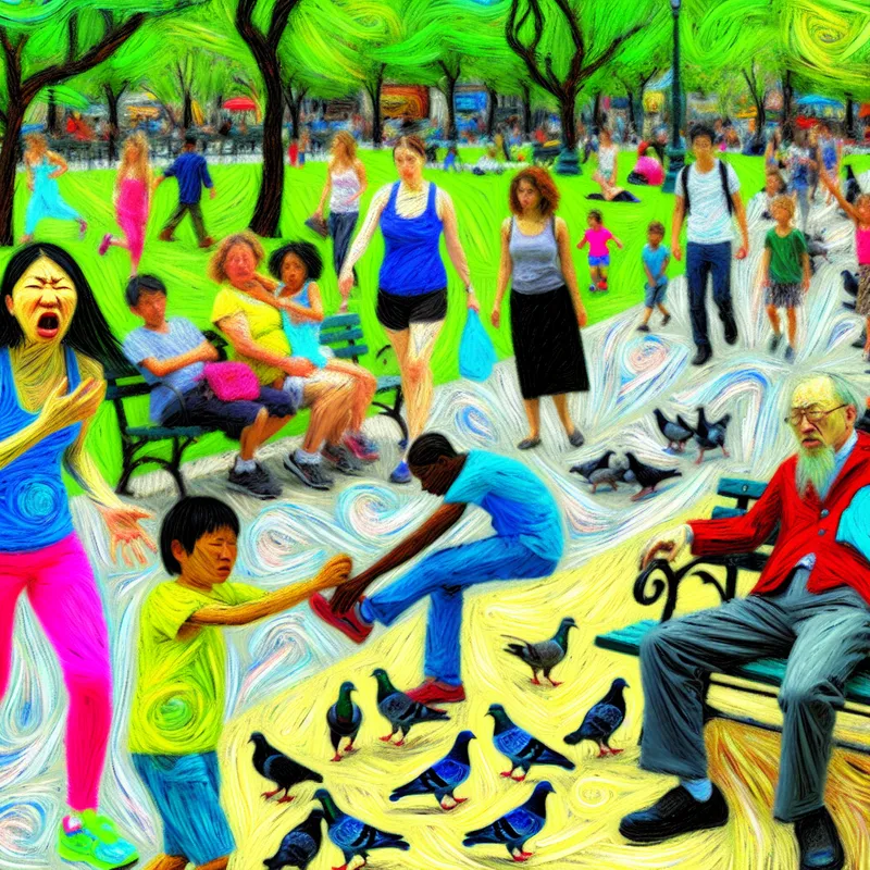 Een levendig park met mensen die genieten van een dag buiten, terwijl een persoon ongepaste opmerkingen maakt, wat leidt tot ongemakkelijke reacties van anderen.