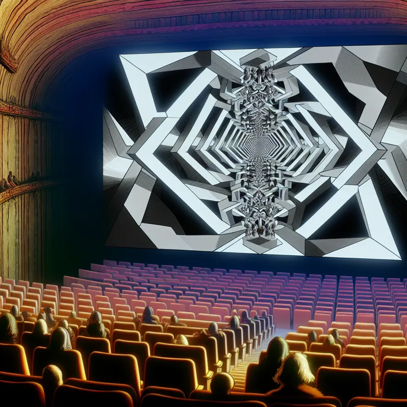 Surrealistische bioscoopzaal in de stijl van M.C. Escher met een onmogelijk film einde en publiek in shock, weerspiegeld in oneindige patronen