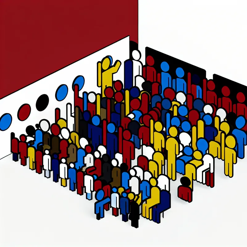 Minimalistische illustratie van een groep mensen waarvan ongeveer de helft hun hand opsteekt om te stemmen, in de stijl van Dick Bruna