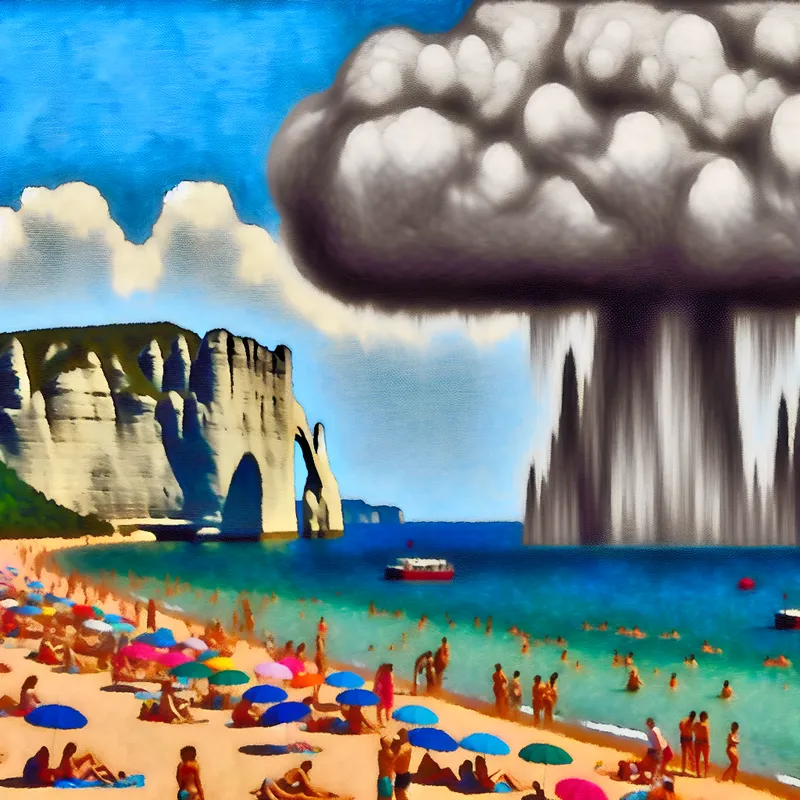 Surreal scene of a heavy grey cloud overshadowing a vibrant beach filled with vacationers