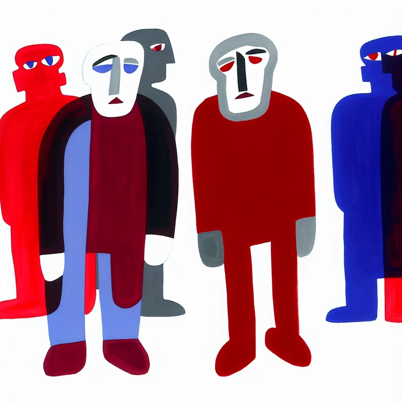 Twee abstracte figuren in rode en blauwe kleur die een ongezonde relatie uitbeelden met gespannen houdingen en emotionele afstand