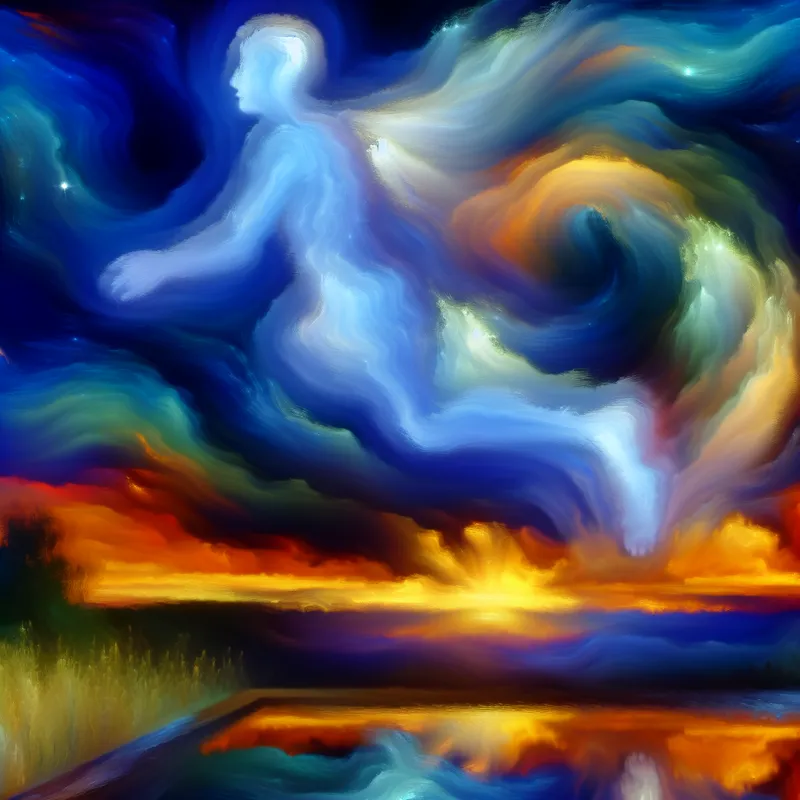 Een etherisch tafereel met een translucente figuur die zweeft, omgeven door levendige kleuren die doen denken aan een dromerige lucht.