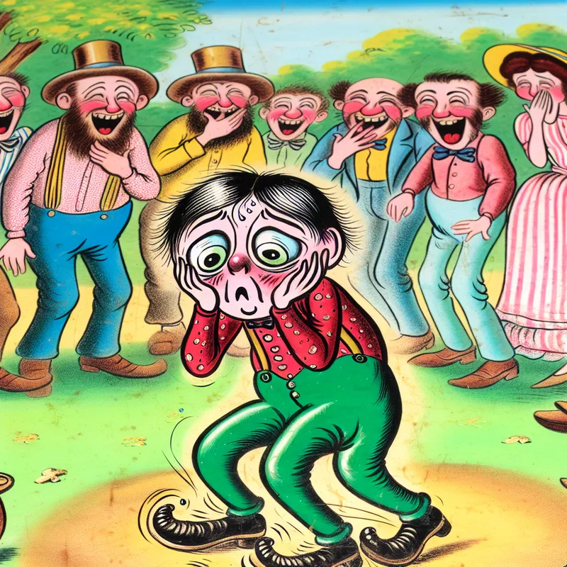 Cartoon van een personage dat zich ongemakkelijk voelt na het uitglijden over een bananenschil, omringd door lachende vrienden.