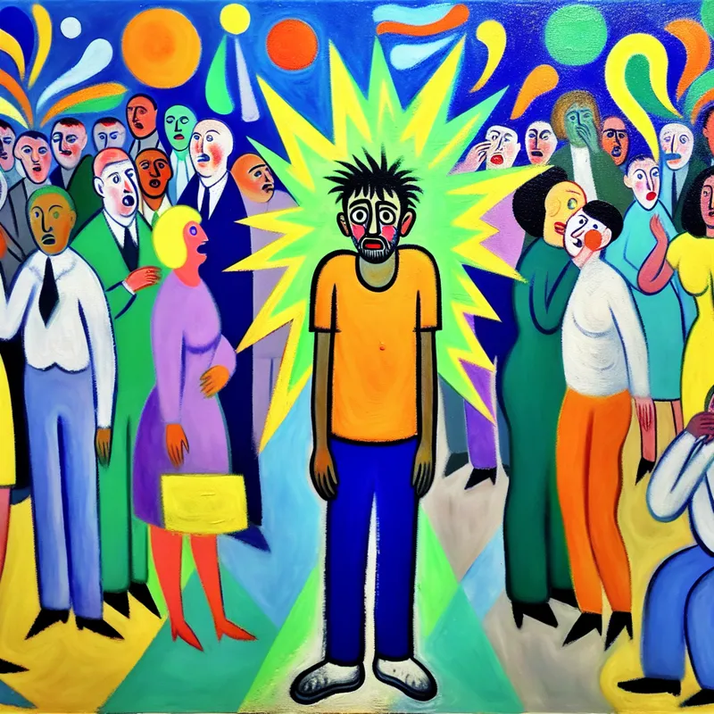 Abstracte illustratie van een onhandige man die zich ongemakkelijk voelt op een levendig sociaal evenement.