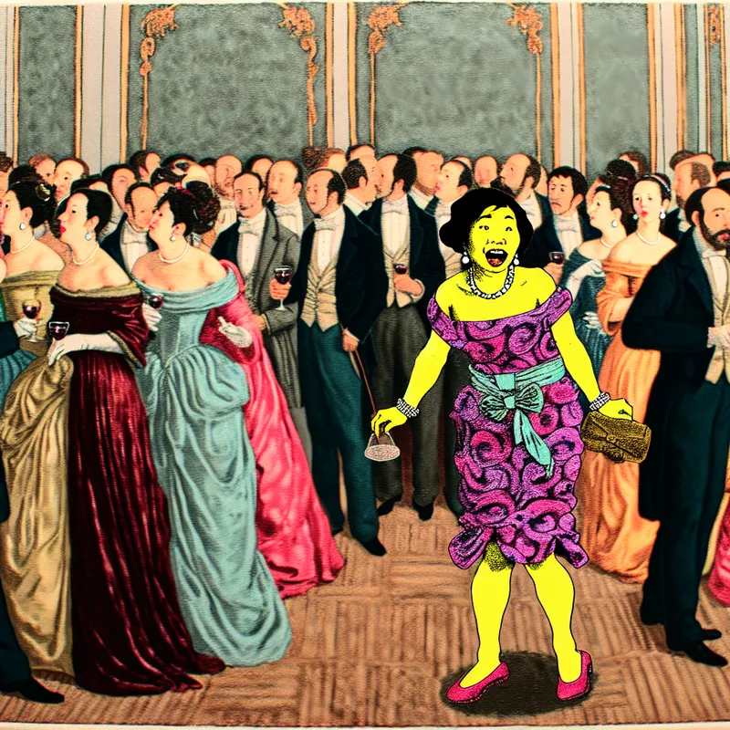 Een volwassene in een kleurrijke feestoutfit staat verloren tussen elegant geklede gasten op een feest, met een onhandige houding.