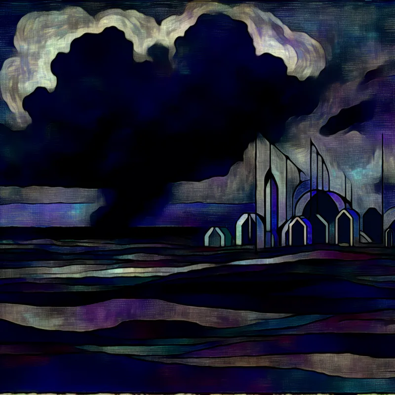 Dramatisch landschap met duistere wolken en een stedelijke skyline op de achtergrond, met futuristische gebouwen in de voorgrond