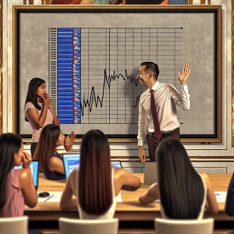 Spreker voor een projectiescherm met onjuiste grafiekdata en verward publiek