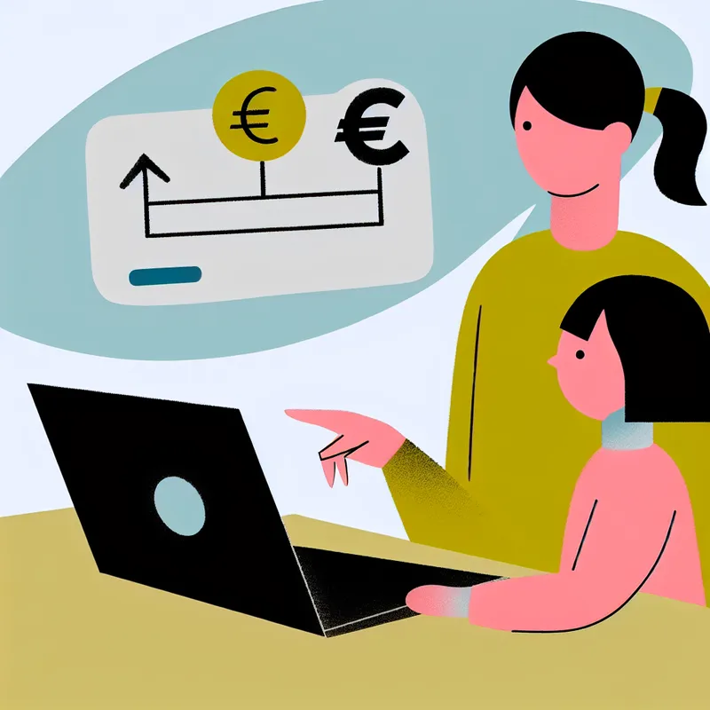 Minimalistische illustratie van ouder en kind die samen een geldtransactie via online bankieren bekijken op een laptop