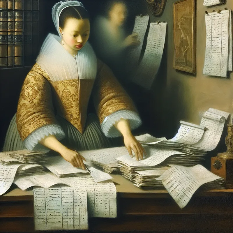 17e-eeuwse Nederlandse persoon aan bureau met financiële documenten, symboliserend onlosmakelijke verbondenheid tussen hard werken en risico's