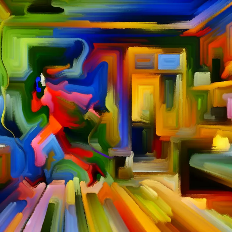 Abstract expressionistisch schilderij van een persoon die onmiddellijk een kamer verlaat na een telefoongesprek, met dynamische penseelstreken en felle kleuren die urgentie uitdrukken