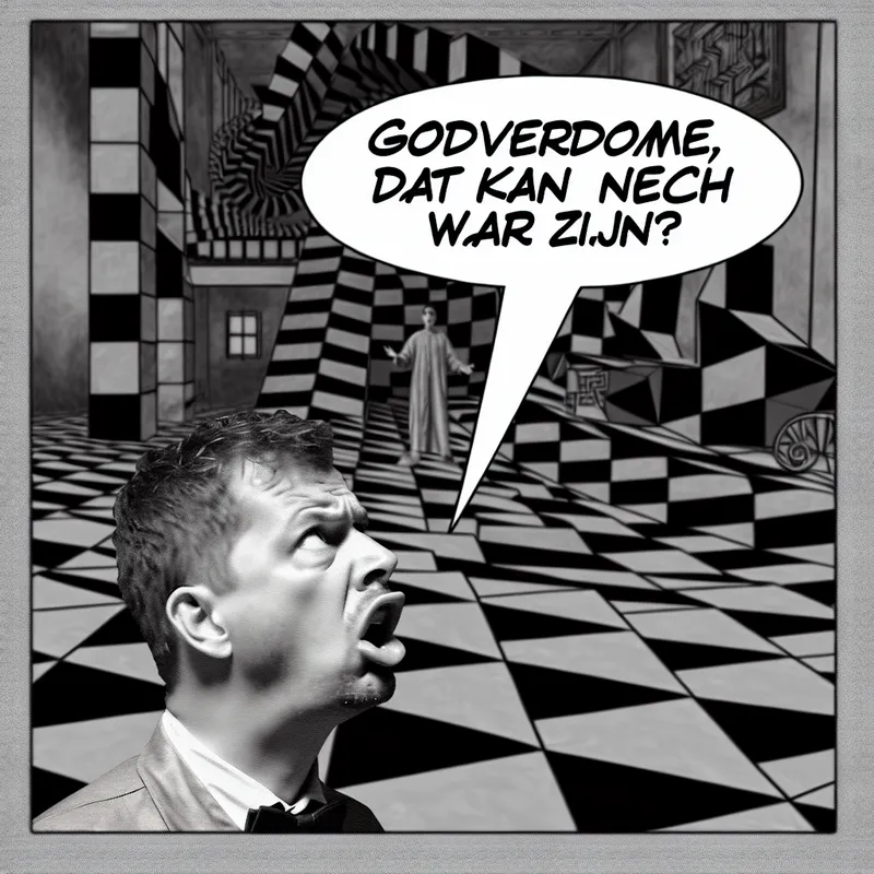 Een man in een onmogelijke geometrische landschap, geschokt kijkend met 'Godverdomme, dat kan toch niet waar zijn?' boven hem.
