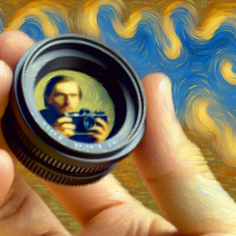 Droomachtige digitale schildering van een vaag portret in een vintage cameralens, geïnspireerd op Van Gogh met zwierige penseelstreken en levendige kleuren