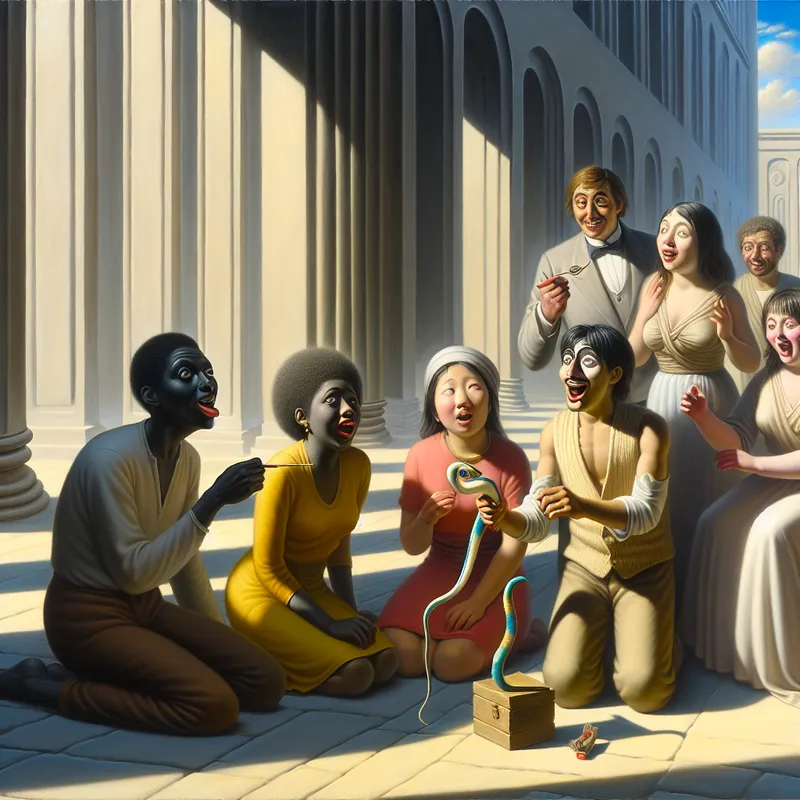 Groep vrienden lacht in zonovergoten binnenplaats met onschuldig rubberen slangetje als grapje