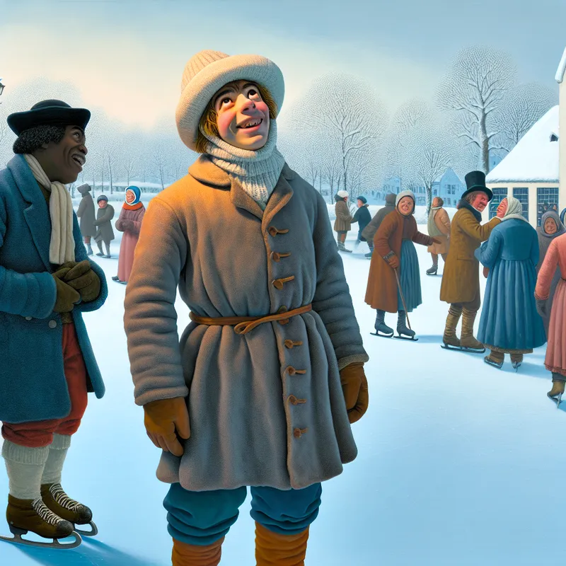 Vrolijke naïeve persoon in een winterdorp, omringd door spelende dorpelingen op het ijs, in de stijl van Hendrick Avercamp