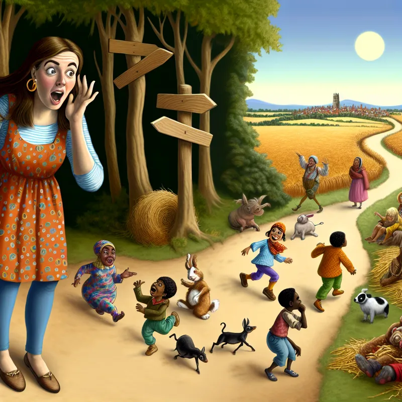 Een jongedame in een bos die zich realiseert dat ze de verkeerde weg is ingeslagen, omringd door vrolijke kinderen en expressieve dieren.