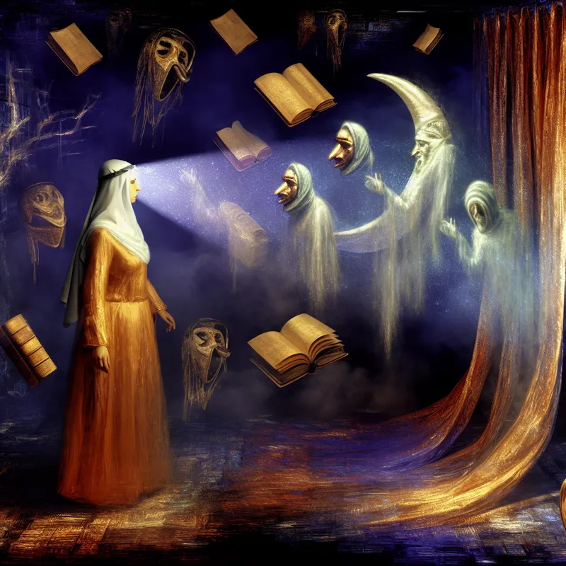 Surrealistisch tafereel van een persoon die een sluier optilt om een leugenaar te ontmaskeren en de waarheid te ontdekken, in de stijl van Hieronymus Bosch