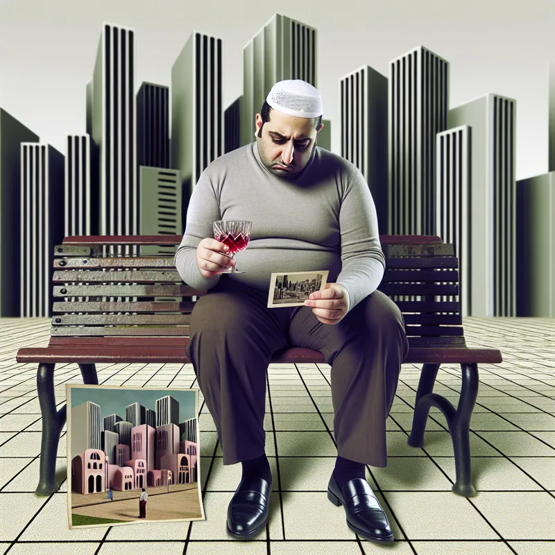 Een persoon zit alleen op een parkbank met een afgezakte houding en hoofd naar beneden, omringd door een onvriendelijke stedelijke omgeving. Ze houden een glas in de hand en kijken naar een vervaagde foto, wat hun verdriet uitdrukt.